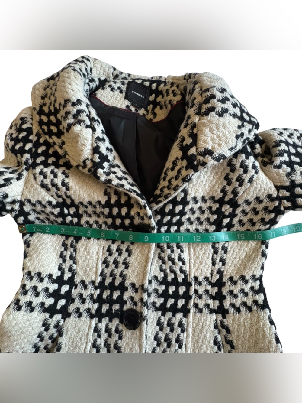 Express Black & Cream Plaid Bouclé Swing Pea Coat - Picture 4 of 8